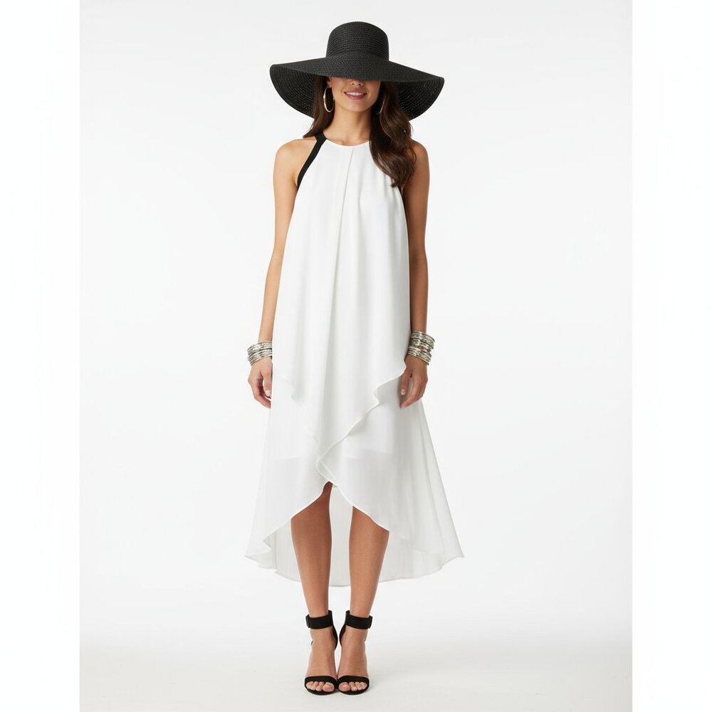 Neiman Marcus White & Black Midi‎ Asymmetrical Hem Sleeveless Dress 8 New